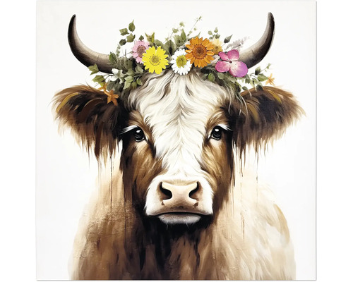 Tableau d'une vache avec une couronne de fleurs colorée sur la tête et des cornes.