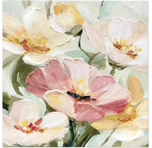 Tableau mural avec fleurs peintes de manière abstraite en rose, jaune et blanc avec structure de pinceau visible.