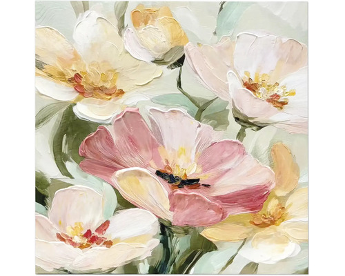 Tableau mural avec fleurs peintes de manière abstraite en rose, jaune et blanc avec structure de pinceau visible.