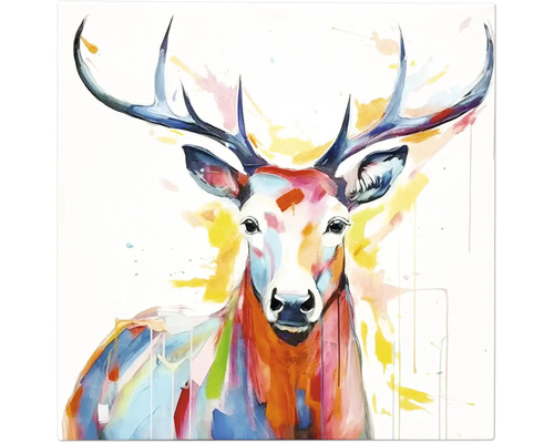 Tableau sur toile avec illustration colorée d'un cerf avec des bois.