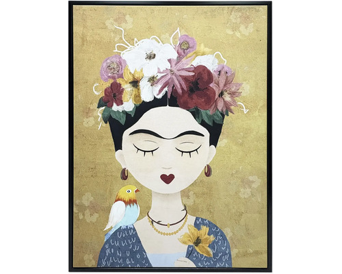 Gerahmtes Wandbild einer Frau im Stil von Frida Kahlo mit Blumenkranz, Vogel auf der Schulter und goldfarbenem Hintergrund.
