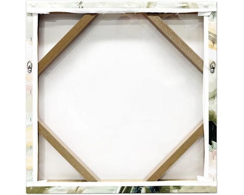 Vue arrière d'une toile carrée sur un châssis en bois avec des traverses diagonales et deux attaches métalliques.