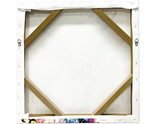 Revers d'un tableau sur toile avec châssis en bois et attaches métalliques.