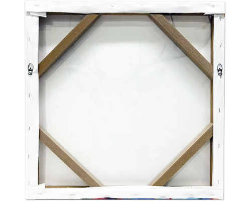 Vue arrière d'une toile carrée avec châssis en bois, renforts d'angle et attaches métalliques.