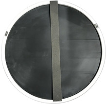 Dos d un miroir rond avec une barre métallique verticale et des clips de fixation sur le bord.