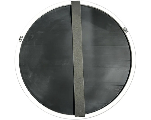 Dos d un miroir rond avec une barre métallique verticale et des clips de fixation sur le bord.