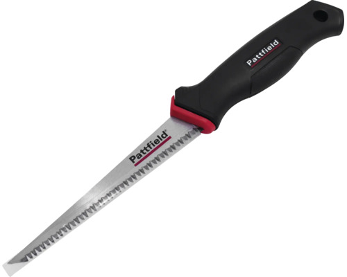 Scie à guichet Pattfield avec une lame en acier pointue, une poignée ergonomique noire et rouge et Pattfield Logo.