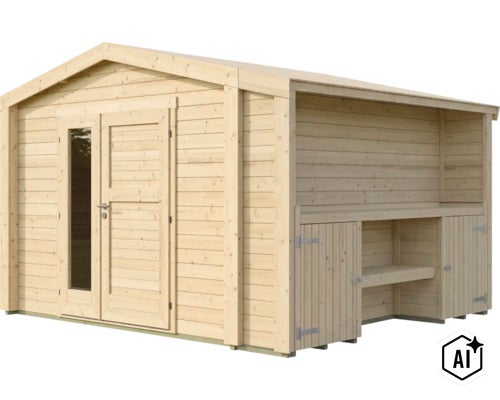 Abri de jardin en bois naturel avec double porte, fenêtre et annexe latérale comprenant des étagères et des armoires. (Image AI modified or generated)