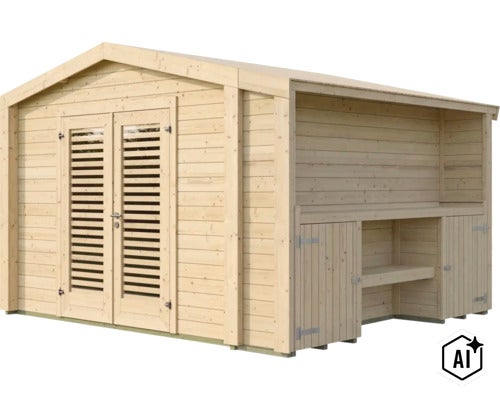 Abri de jardin en bois naturel avec double porte et extension latérale avec surface de rangement et deux portes (Image AI modified or generated)