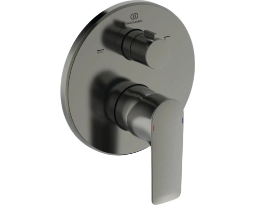 Mitigeur monocommande encastré Ideal Standard pour bain et douche avec rosace ronde, inverseur, levier et Ideal Standard Logo.