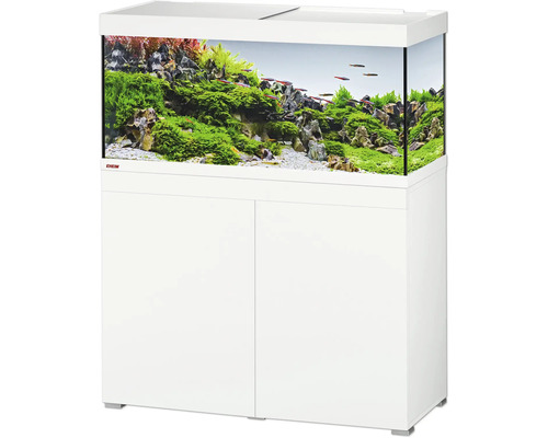 Ensemble aquarium EHEIM avec meuble blanc et cuve en verre comprenant un aménagement paysager avec plantes aquatiques et poissons.