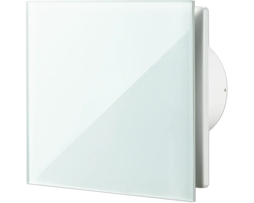 Weißer quadratischer Kleinraumventilator mit Glasfront für Badezimmer oder Toiletten.