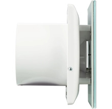 Seitenansicht eines Kleinraumventilators aus Kunststoff mit Glas-Frontplatte und Anschlussstutzen.