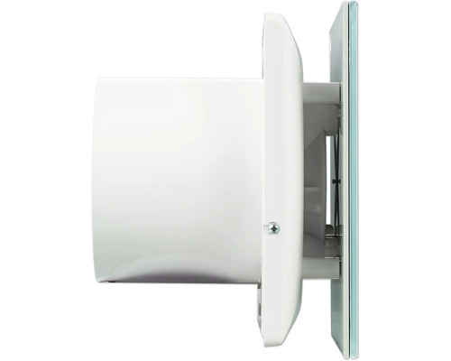 Seitenansicht eines Kleinraumventilators aus Kunststoff mit Glas-Frontplatte und Anschlussstutzen.