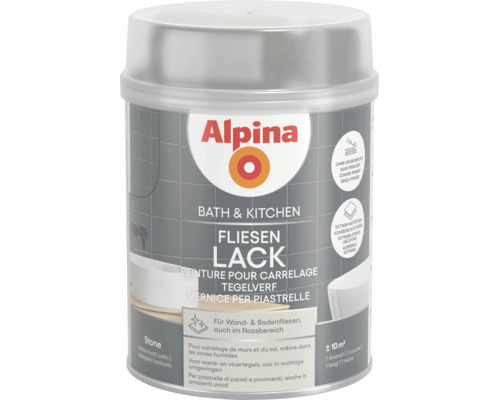 Peinture carrelage Alpina Cuisine et Bain pour murs et sols, coloris Stone, aspect satiné, couvre environ 10 mètres carrés.