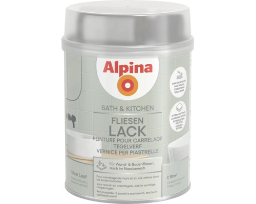 Peinture pour carrelage Alpina Bath and Kitchen pour carrelage mural et de sol en Silver Leaf satiné.