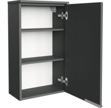 Armoire murale de salle de bain gris foncé avec porte ouverte et deux étagères.