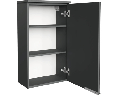 Armoire murale de salle de bain gris foncé avec porte ouverte et deux étagères.