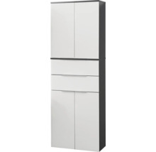 Armoire haute avec quatre portes et deux tiroirs, corps en anthracite et façades en blanc.