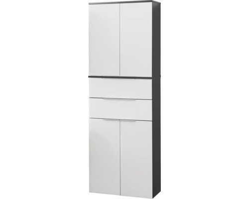 Armoire haute avec quatre portes et deux tiroirs, corps en anthracite et façades en blanc.