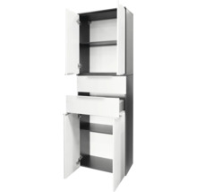 Armoire haute de salle de bains avec deux portes et deux tiroirs, corps en anthracite et façades en blanc, ouverte.