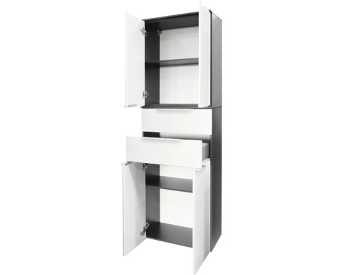 Armoire haute de salle de bains avec deux portes et deux tiroirs, corps en anthracite et façades en blanc, ouverte.