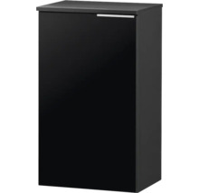 Meuble bas noir avec une porte et une fine poignée en métal, design moderne.