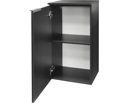 Meuble bas de cuisine avec une porte et une étagère, corps de couleur anthracite, ouvert.