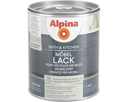 Peinture pour meubles de salle de bain et cuisine Alpina en Deep Sea, satiné, pour des surfaces résistantes, environ 10 mètres carrés.