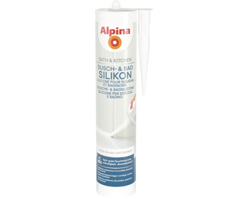 Silicone Alpina pour douche et baignoire blanc, cartouche pour pièces humides, élasticité permanente et résistant à l humidité.