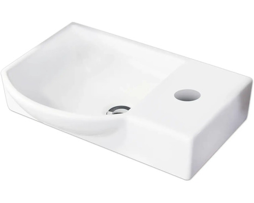 Weisses Handwaschbecken aus Keramik mit Hahnloch rechts und mittigem Ablauf.