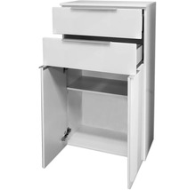 Weisser Badezimmerschrank mit zwei Schubladen und zwei Türen, geöffnet dargestellt mit Sicht auf den Innenraum und Einlegeboden.