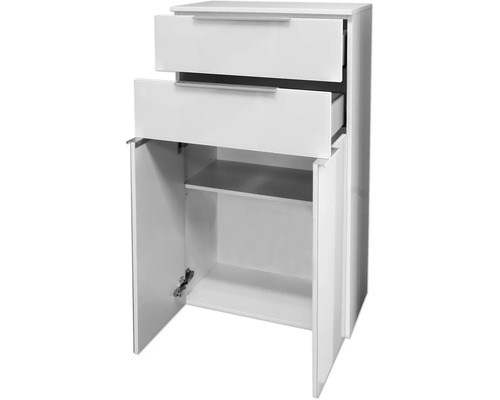 Weisser Badezimmerschrank mit zwei Schubladen und zwei Türen, geöffnet dargestellt mit Sicht auf den Innenraum und Einlegeboden.
