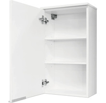 Armoire murale ouverte blanche avec deux étagères et des charnières métalliques apparentes.