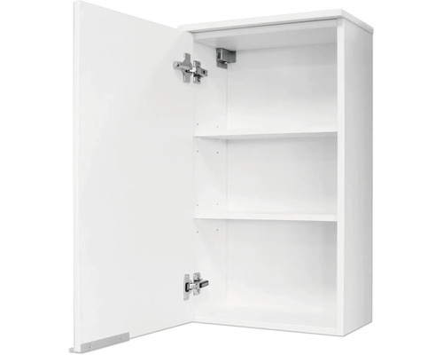Armoire murale ouverte blanche avec deux étagères et des charnières métalliques apparentes.