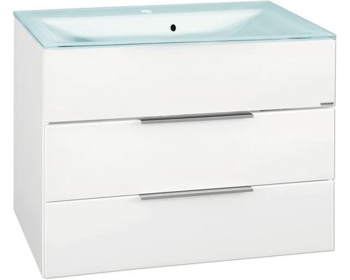 Meuble sous-vasque Fackelmann avec deux tiroirs et lavabo en verre en blanc.