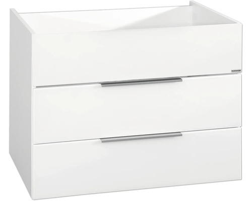 Weisser Fackelmann Waschbeckenunterschrank mit zwei Schubladen und silberfarbenen Griffleisten.