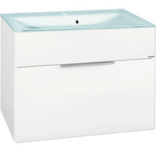 Waschtischunterschrank mit Glaswaschbecken, ein Auszug mit Metallgriff, Fackelmann Logo.