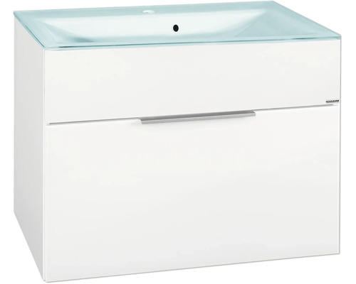 Waschtischunterschrank mit Glaswaschbecken, ein Auszug mit Metallgriff, Fackelmann Logo.