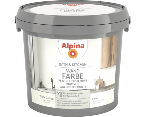 Peinture murale Alpina Bath and Kitchen en White Cotton, mate, pour pièces à forte humidité.