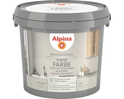 Peinture murale Alpina Bath et Kitchen Driftwood mate pour pièces avec forte humidité, rendement environ 20 mètres carrés.