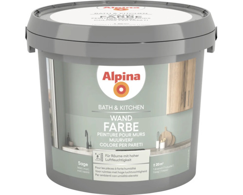 Peinture murale Alpina Bath et Kitchen, mate, Sage, pour pièces à forte humidité, rendement environ 20 mètres carrés.