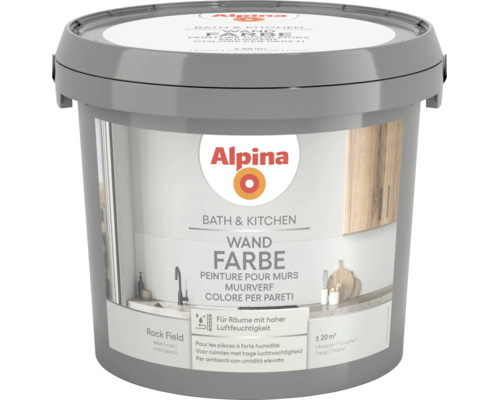Peinture murale Alpina Bath et Kitchen Rock Field pour pièces à forte humidité, mate, rendement environ 20 mètres carrés.