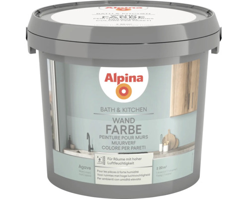 Peinture murale Alpina Bath and Kitchen en couleur Agave, peinture mate pour pièces à forte humidité comme la cuisine et la salle de bain.