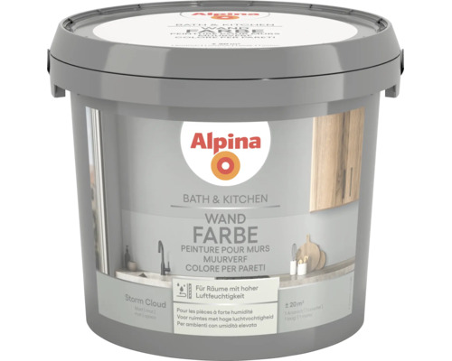 Peinture murale Alpina Bath et Kitchen Storm Cloud mate pour pièces à forte humidité.