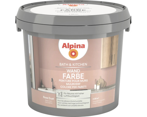 Peinture murale Alpina Bath and Kitchen, couleur Rose Dust, mate, pour pièces à forte humidité, rendement environ 20 mètres carrés.