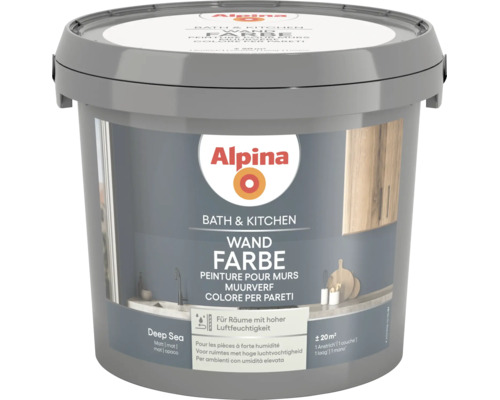 Peinture pour murs Alpina Bath et Kitchen Deep Sea, mate, pour pièces humides, environ 20 mètres carrés.