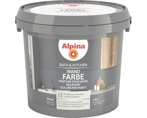 Peinture pour murs Alpina Bath et Kitchen en Stone, mat, pour pièces à forte humidité, rendement environ 20 mètres carrés.
