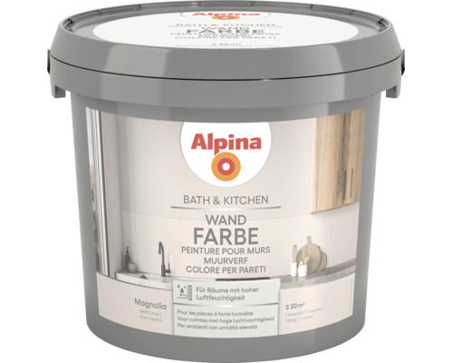 Peinture murale Alpina Bath et Kitchen, magnolia mat, pour pièces à forte humidité, pour environ 20 mètres carrés.