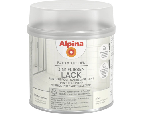 Peinture pour carrelage Alpina 3-en-1 Bath et Kitchen pour murs, sols et sanitaires, couleur White Cotton satiné, environ 7 mètres carrés.